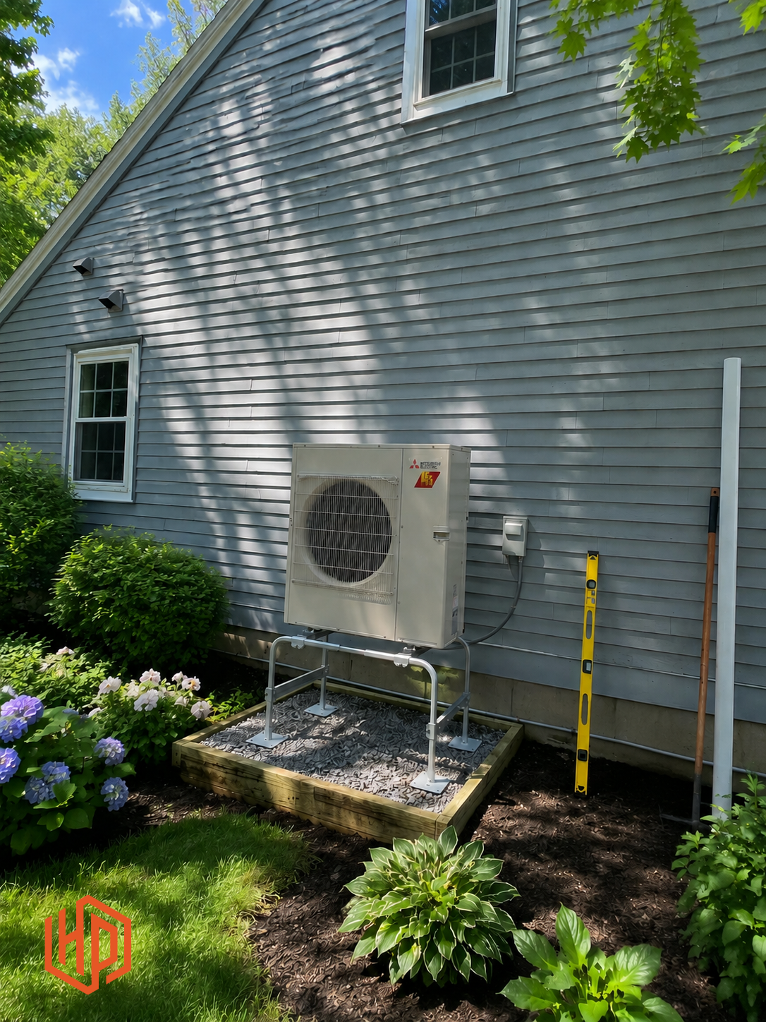 Mitsubishi Electric outdoor heat pump professionally installed on an elevated stand beside a Southern Maine home for reliable year-round heating and cooling.