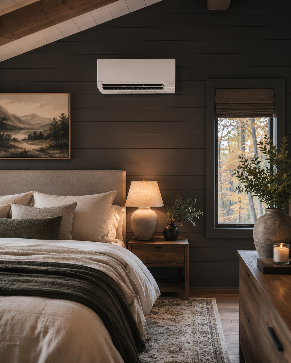 Modern bedroom featuring a wall-mounted ductless mini-split heat pump providing efficient year-round heating and cooling in a Southern Maine home.