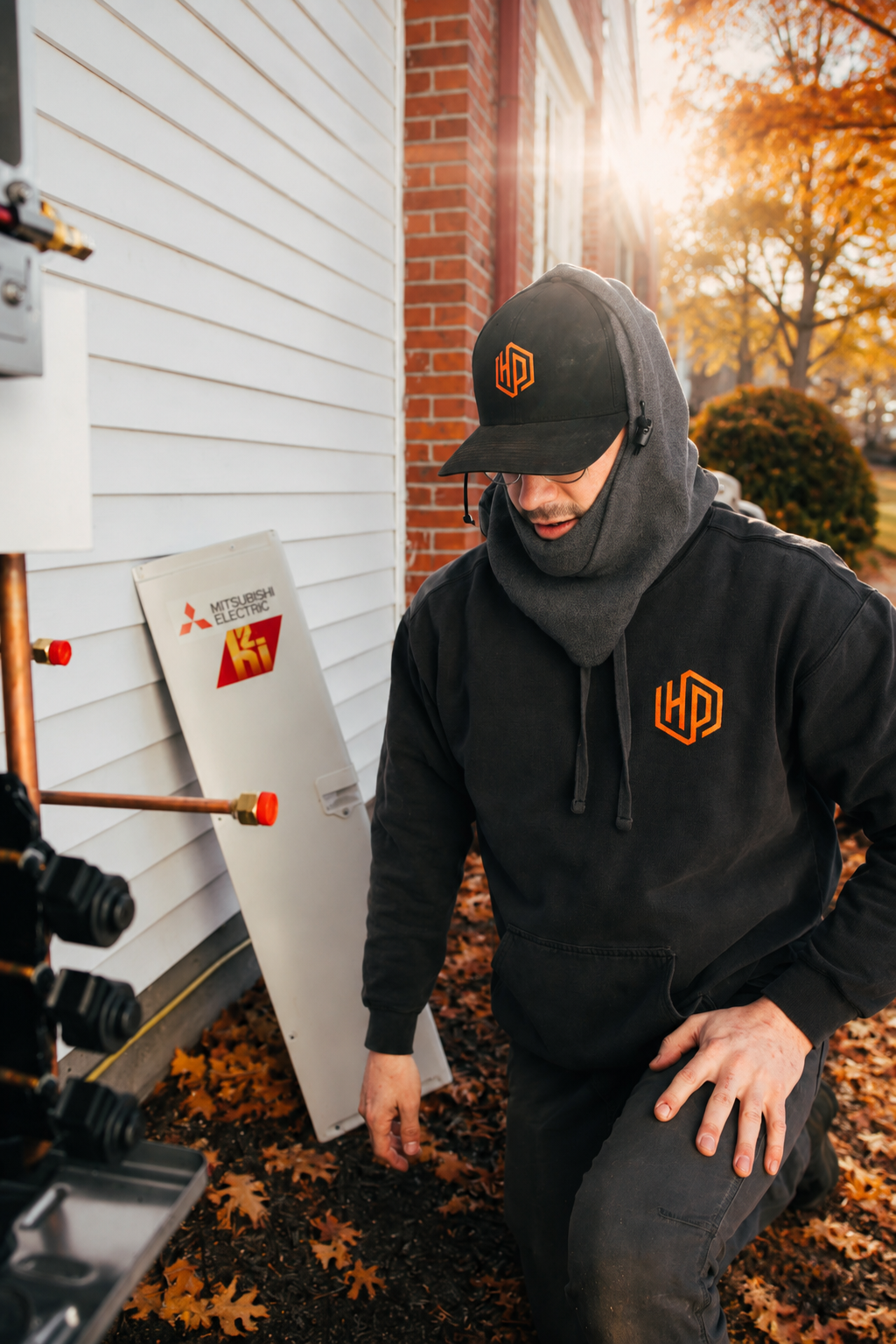 Only Heat Pumps technician servicing a Mitsubishi Electric heat pump during preventative maintenance at a home in Maine.