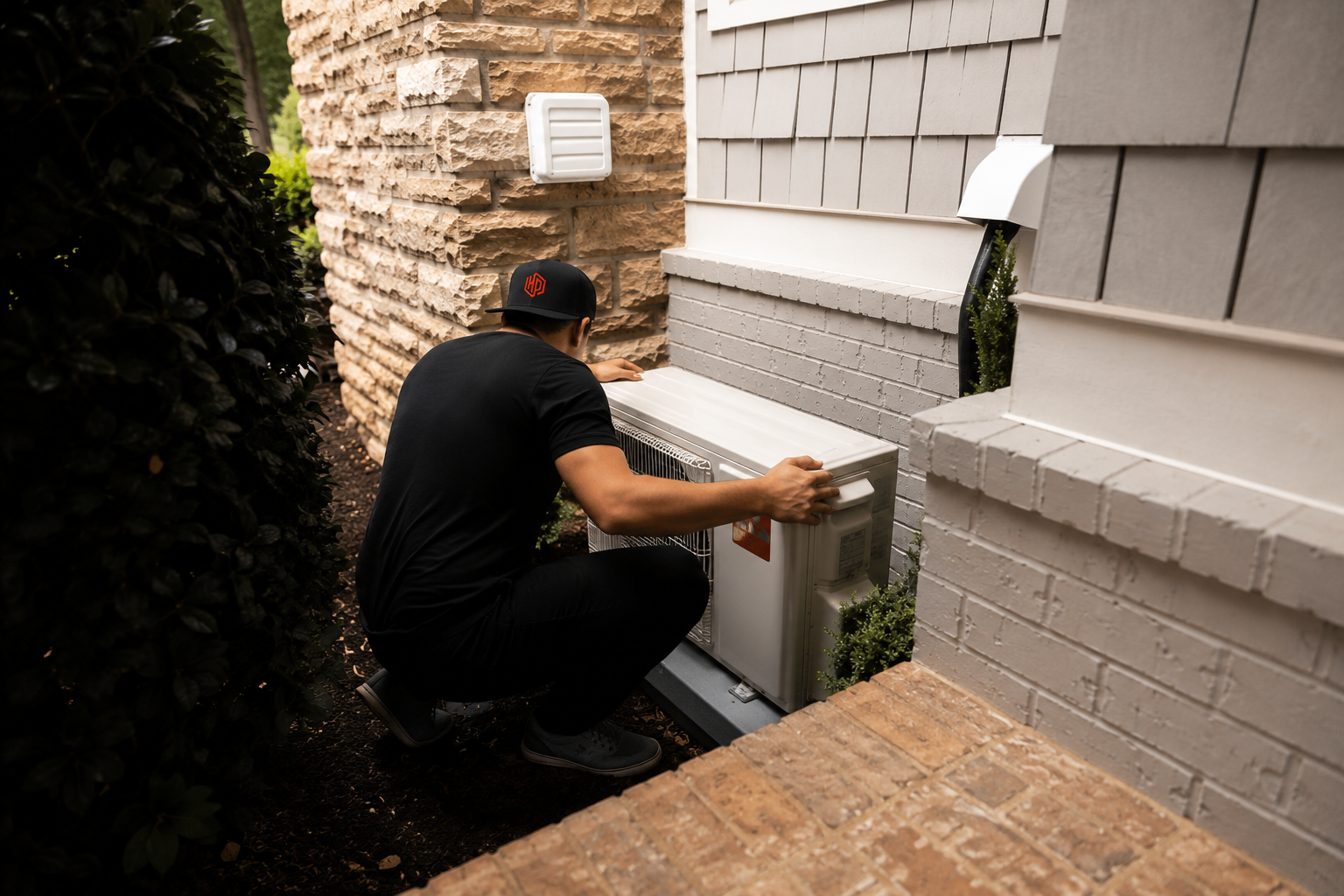 Only Heat Pumps technician inspecting an outdoor heat pump in Maine before winter heating season.