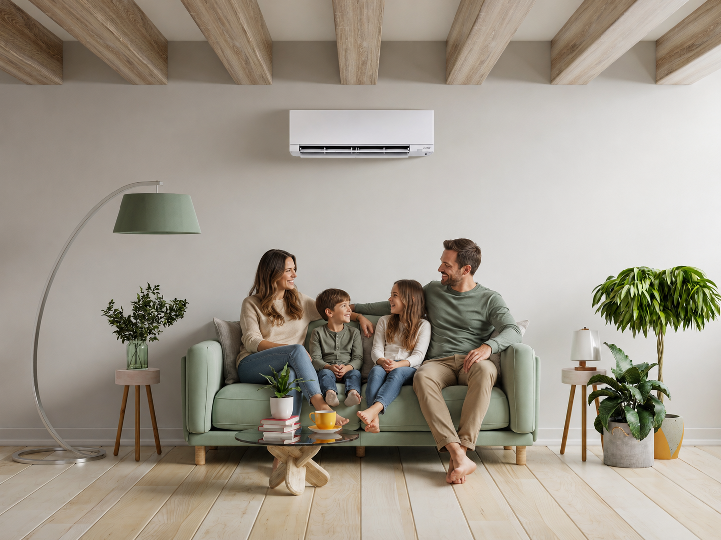 A family enjoying a comfortable living room with a Mitsubishi mini-split heat pump after upgrading their home's heating and cooling system in Southern Maine.