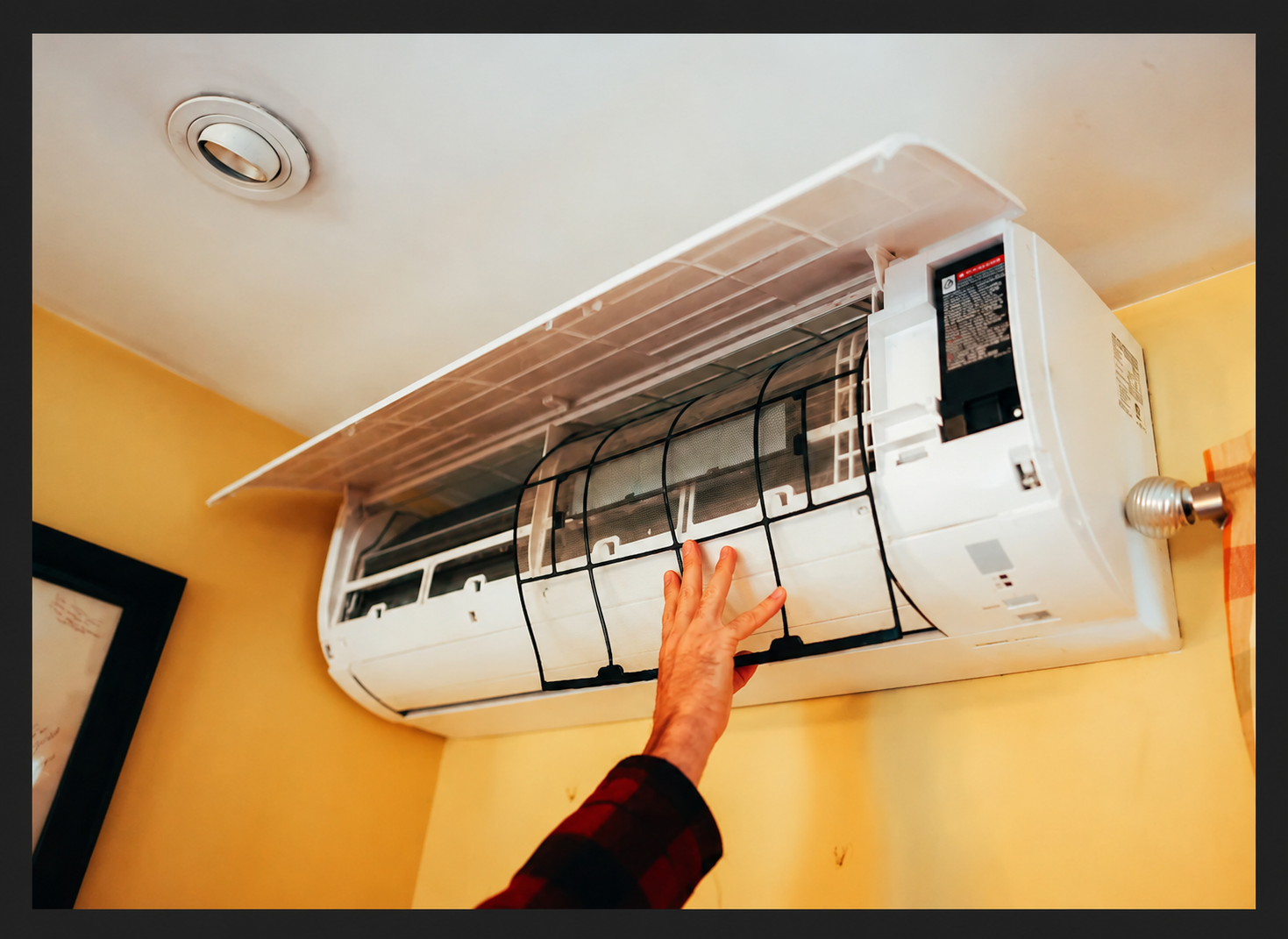 Wall-mounted mini split heat pump with the front cover open during an annual cleaning service to improve airflow, indoor air quality, and system efficiency in Portland, Maine.