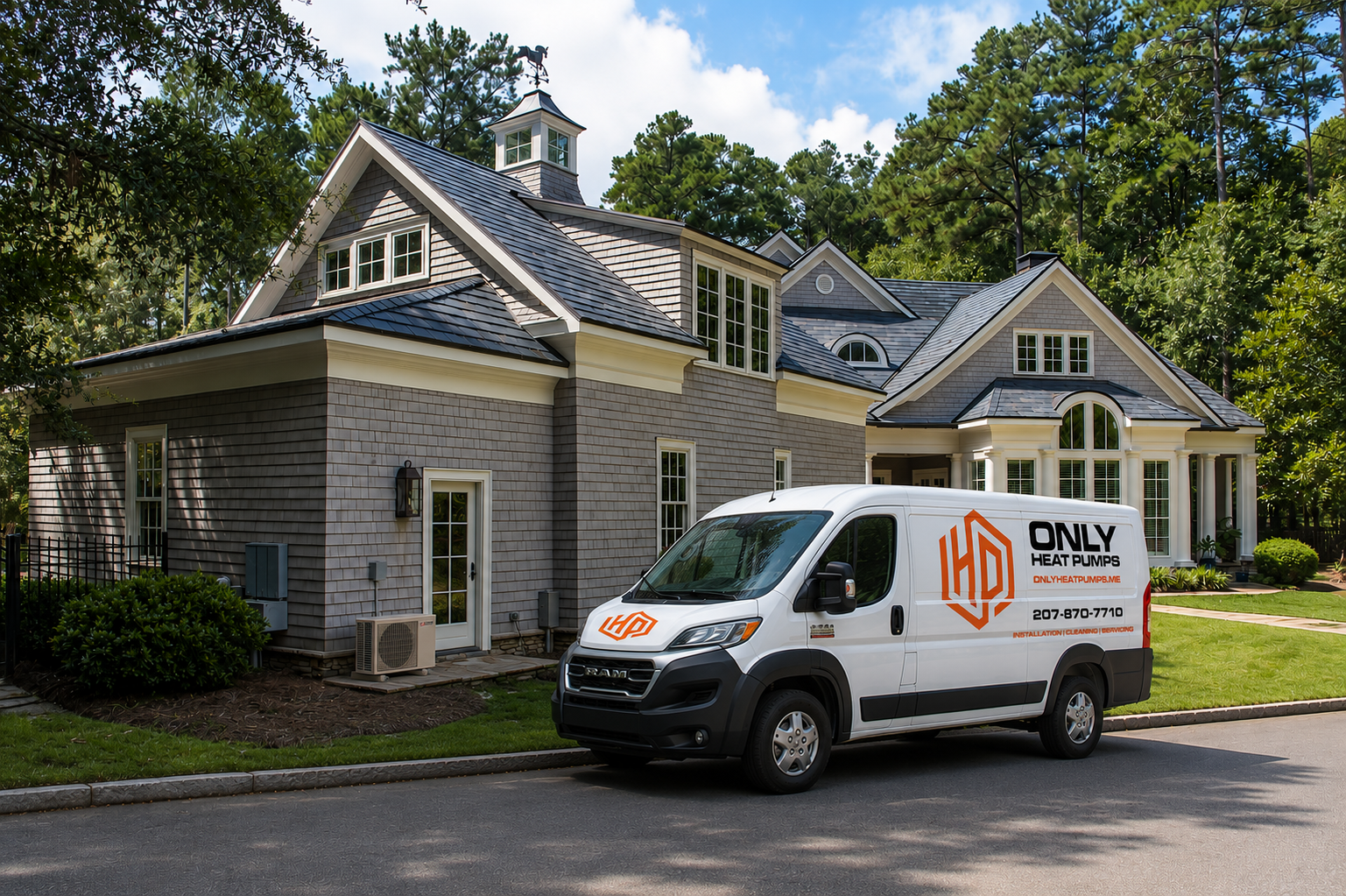 Only Heat Pumps service van outside a Southern Maine home with an outdoor heat pump system.