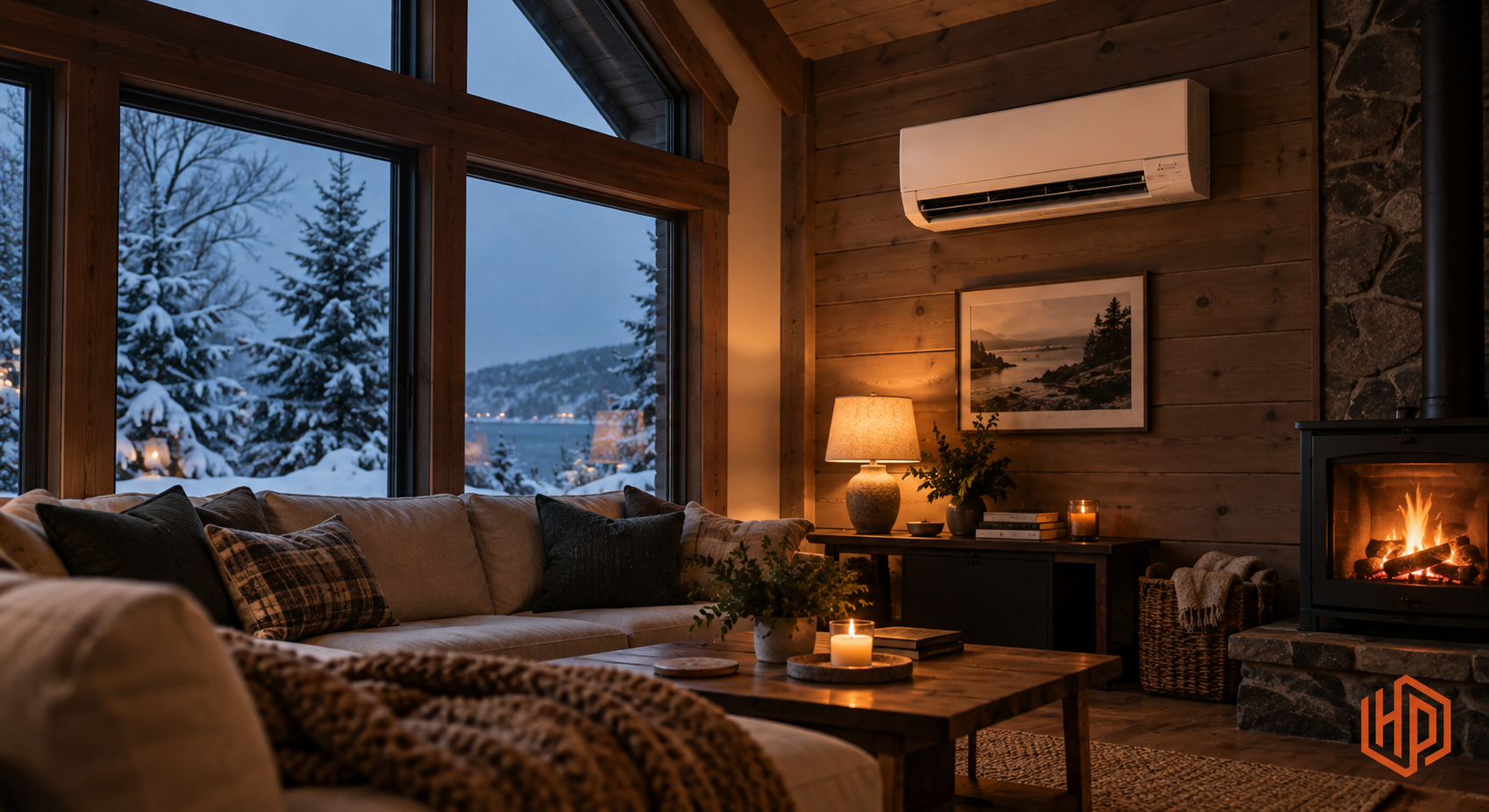 Ductless heat pump heating a Maine home during cold winter weather.