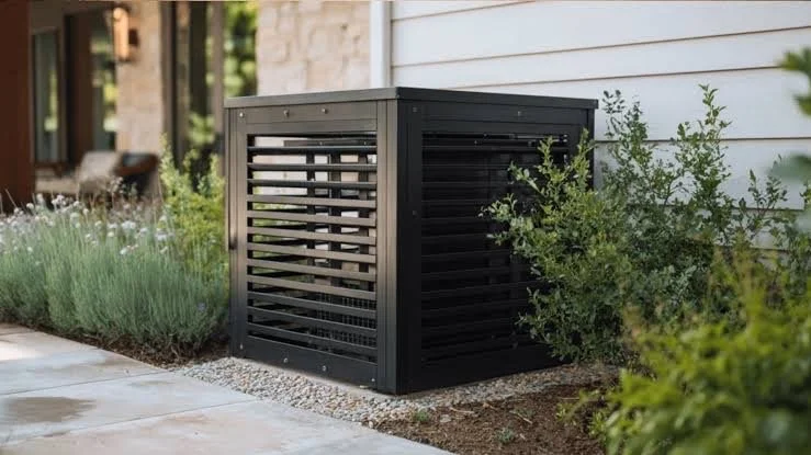 Modern black aluminum heat pump enclosure installed around an outdoor mini split condenser to improve curb appeal while maintaining proper airflow at a Southern Maine home.