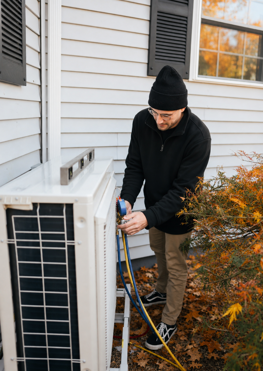 Heat pump technician connecting diagnostic gauges to an outdoor unit during a fall service inspection in Southern Maine.