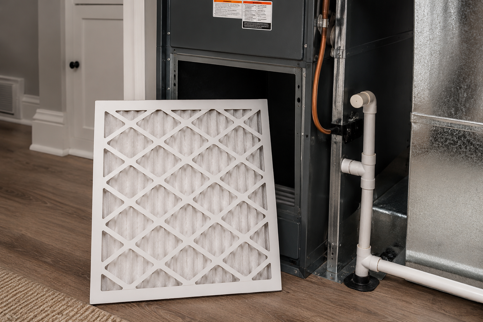 Clean HVAC air filter ready for replacement in a residential heating and cooling system to improve indoor air quality and energy efficiency in Portland, Maine.