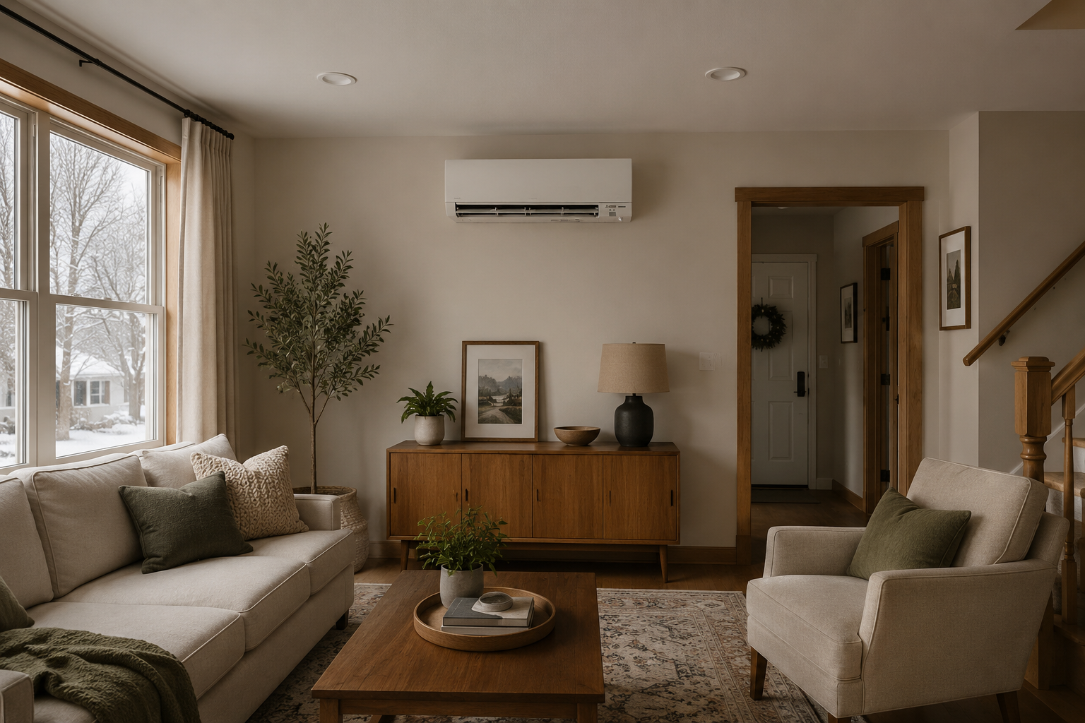 Modern living room in a Portland, Maine home with a wall-mounted ductless mini split heat pump providing efficient summer cooling and energy savings.