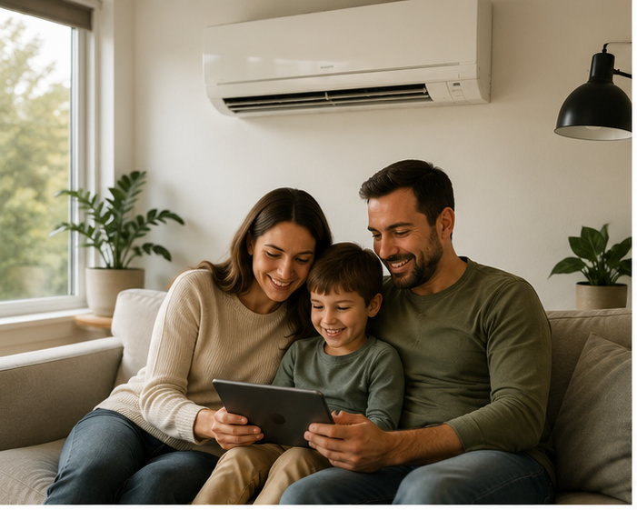 Family enjoying energy-efficient heating and cooling with a ductless mini split heat pump in a Southern Maine home.