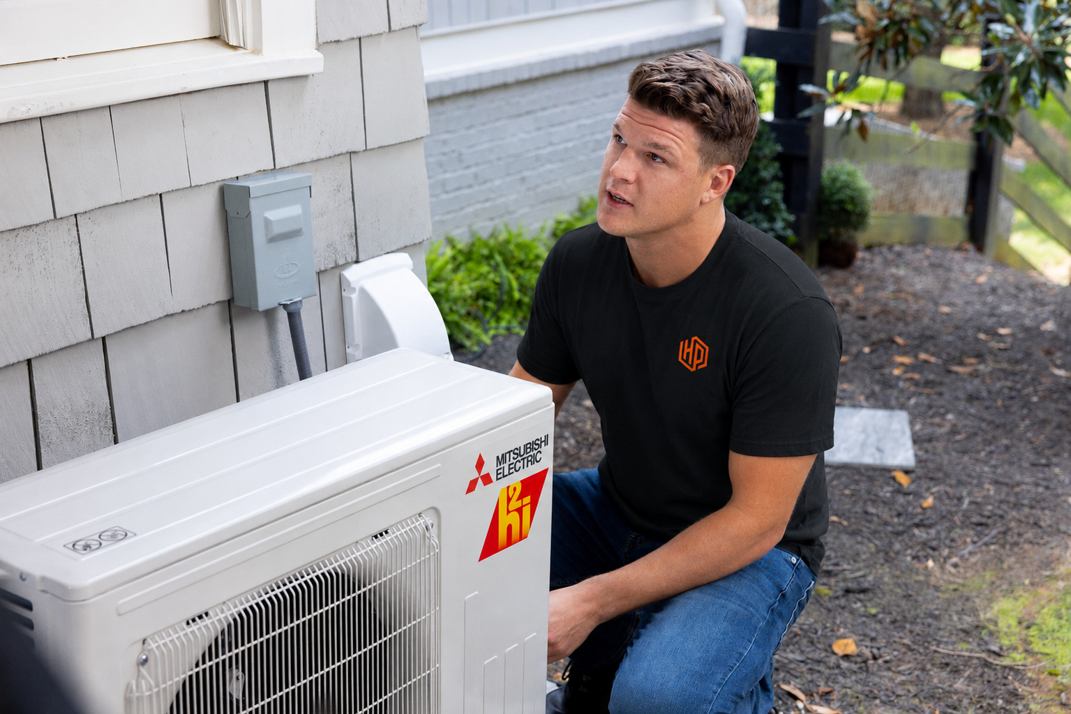 Only Heat Pumps technician inspecting a Mitsubishi Electric heat pump during a late summer installation in Southern Maine.