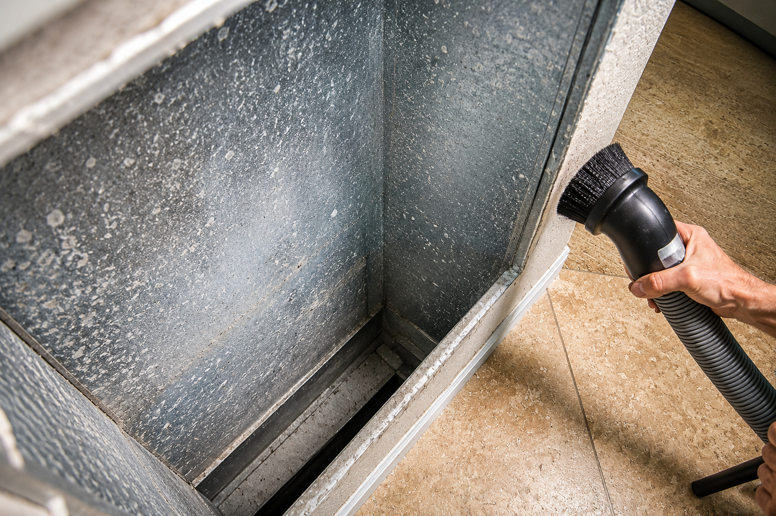 Technician cleaning residential HVAC ductwork to improve indoor air quality and airflow in a Southern Maine home.