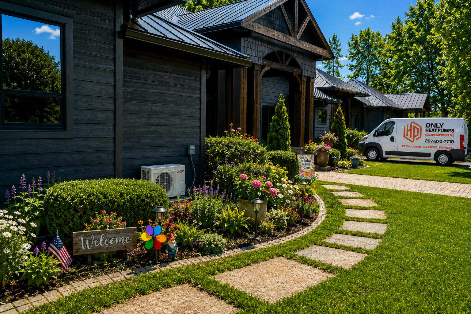 Residential Mitsubishi Electric heat pump installed at a Maine home by Only Heat Pumps, providing energy-efficient cooling and heating year-round.
