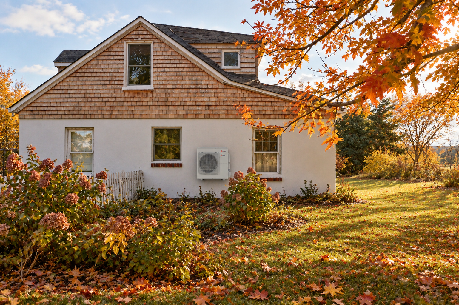 Heat pump heating a Southern Maine home during fall as temperatures begin to cool.