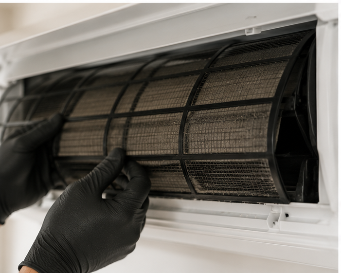 Close-up of a mini split heat pump air filter being cleaned during routine maintenance in Southern Maine.