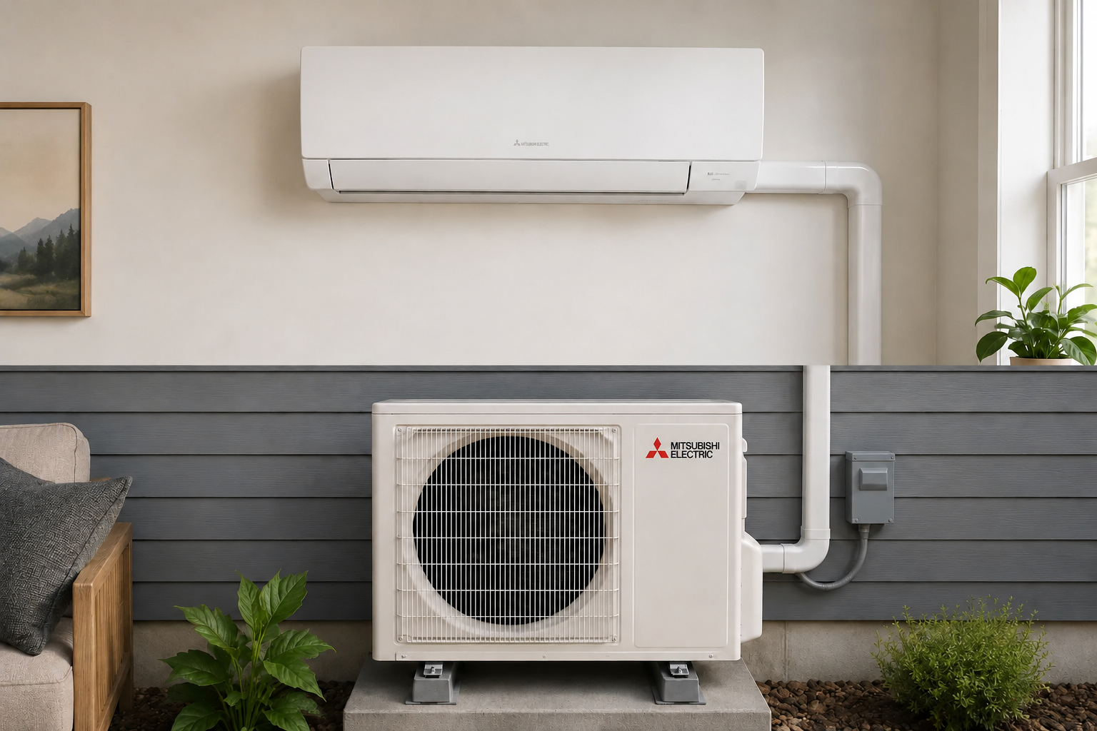 Wall-mounted ductless mini split heat pump system for annual cleaning and maintenance in Portland, Maine.