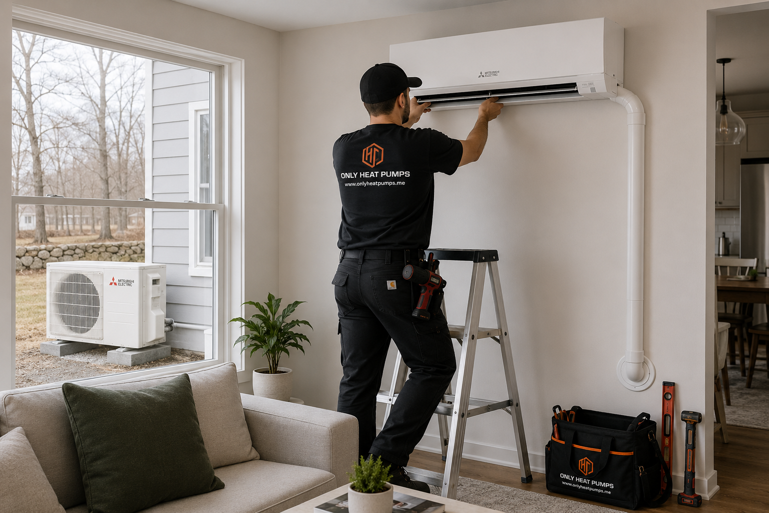 Only Heat Pumps technician installing a ductless Mitsubishi heat pump in a Portland, Maine home.