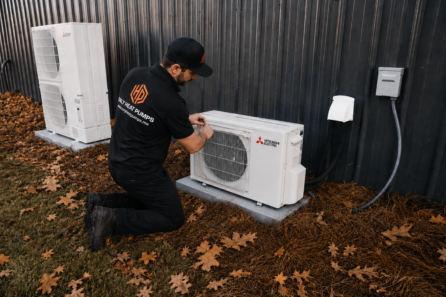 Only Heat Pumps technician performing a professional Mitsubishi Electric heat pump tune-up before summer in Portland, Maine.