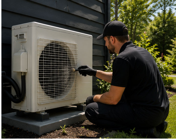 Technician cleaning an outdoor heat pump condenser during professional maintenance service in Portland, Maine.