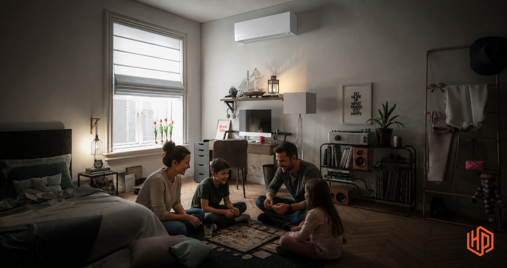 Family enjoying a comfortable home with a wall-mounted ductless mini split heat pump providing energy-efficient cooling in Portland, Maine.