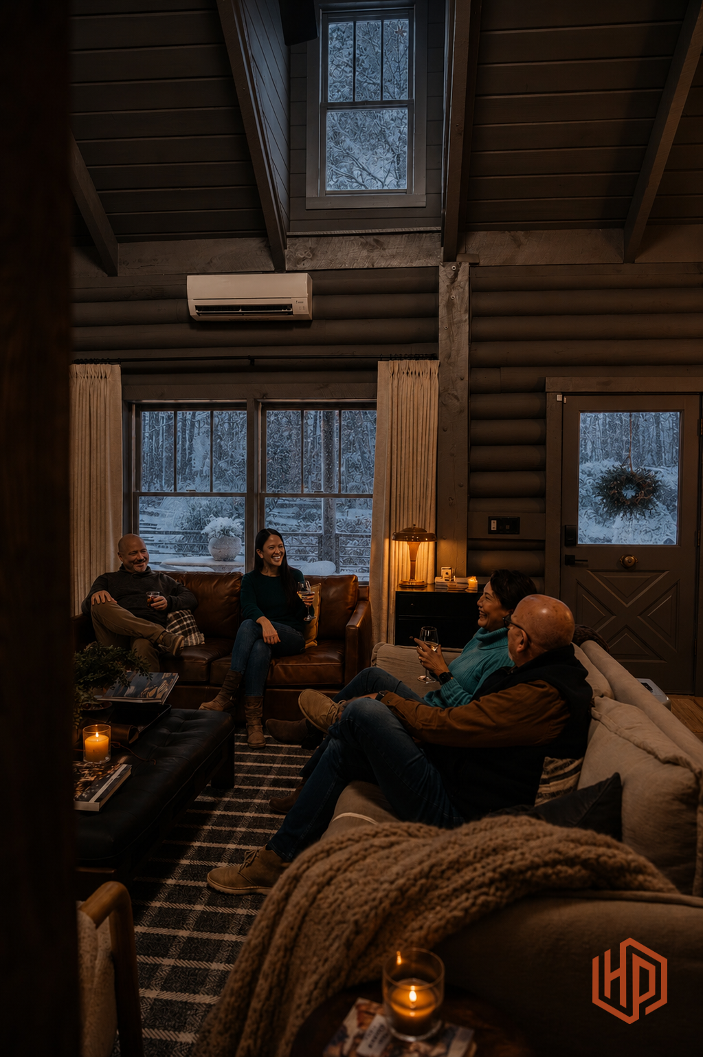 Family enjoying a warm Southern Maine home in winter with a ductless heat pump providing comfortable heating.