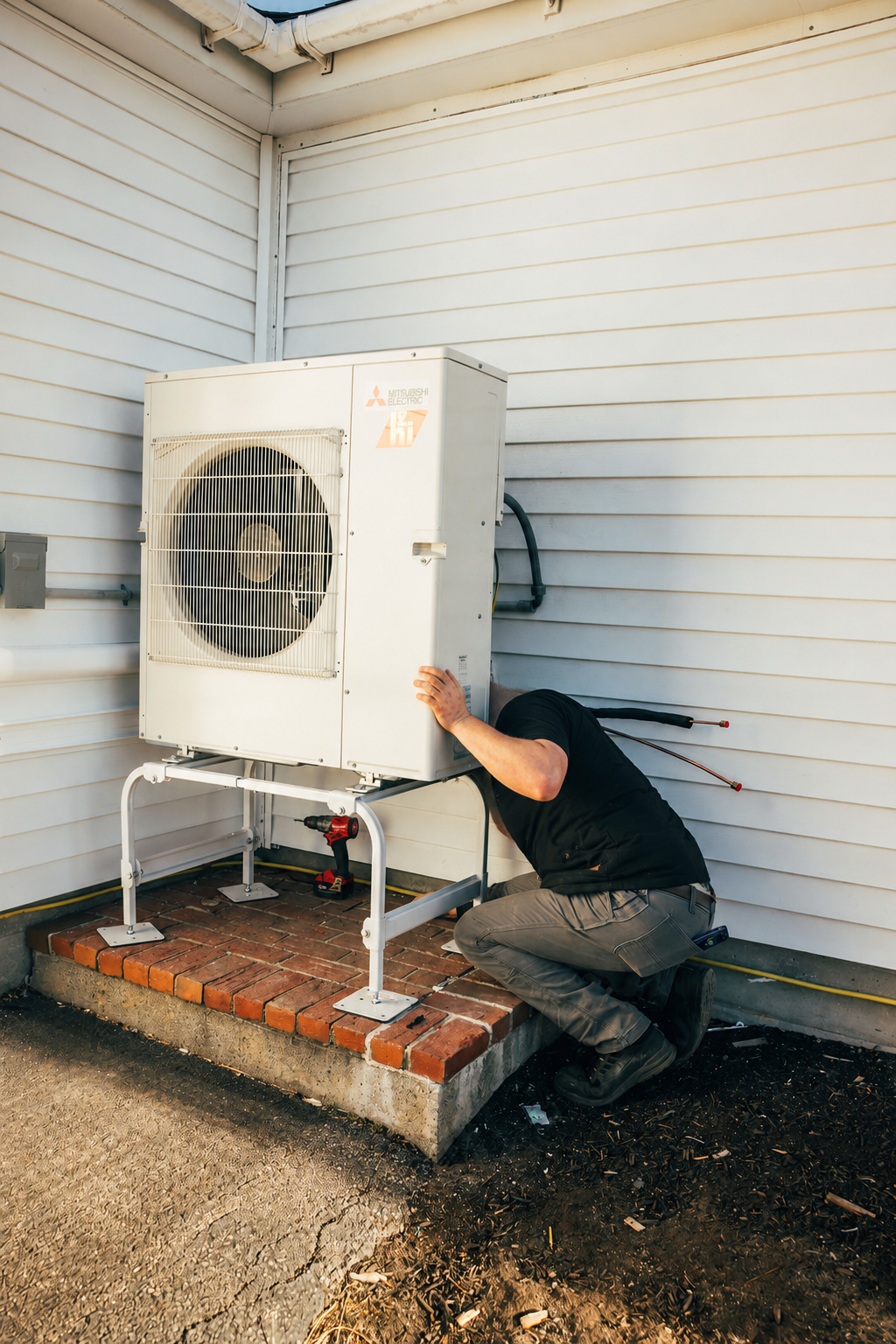 Only Heat Pumps technician installing a Mitsubishi Electric outdoor heat pump unit at a home in Southern Maine.