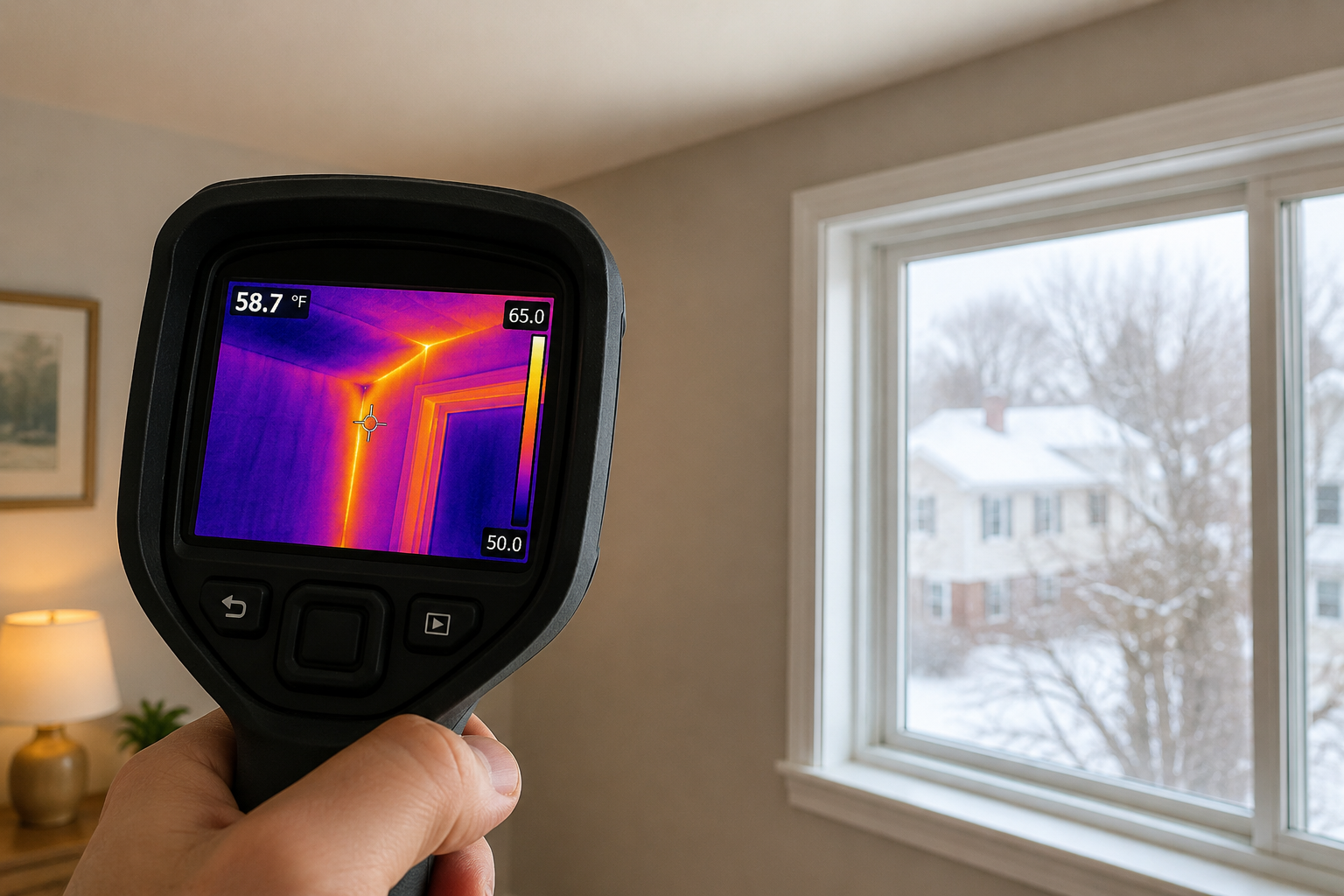 Thermal camera showing temperature of a corner in a room, with a window and outside snowy landscape visible in the background.
