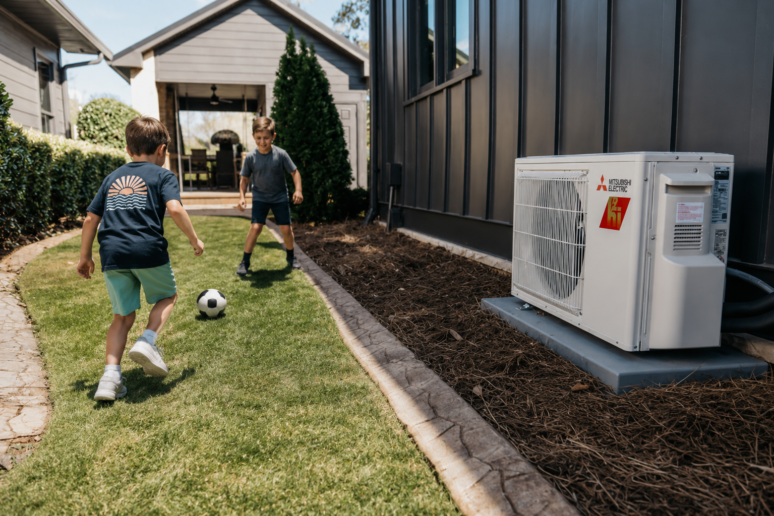 Children playing in the backyard beside an energy-efficient Mitsubishi Electric heat pump that keeps a Portland, Maine home cool during the summer while reducing energy costs.