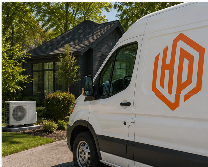 Only Heat Pumps service van parked outside a Southern Maine home for professional heat pump installation and service.