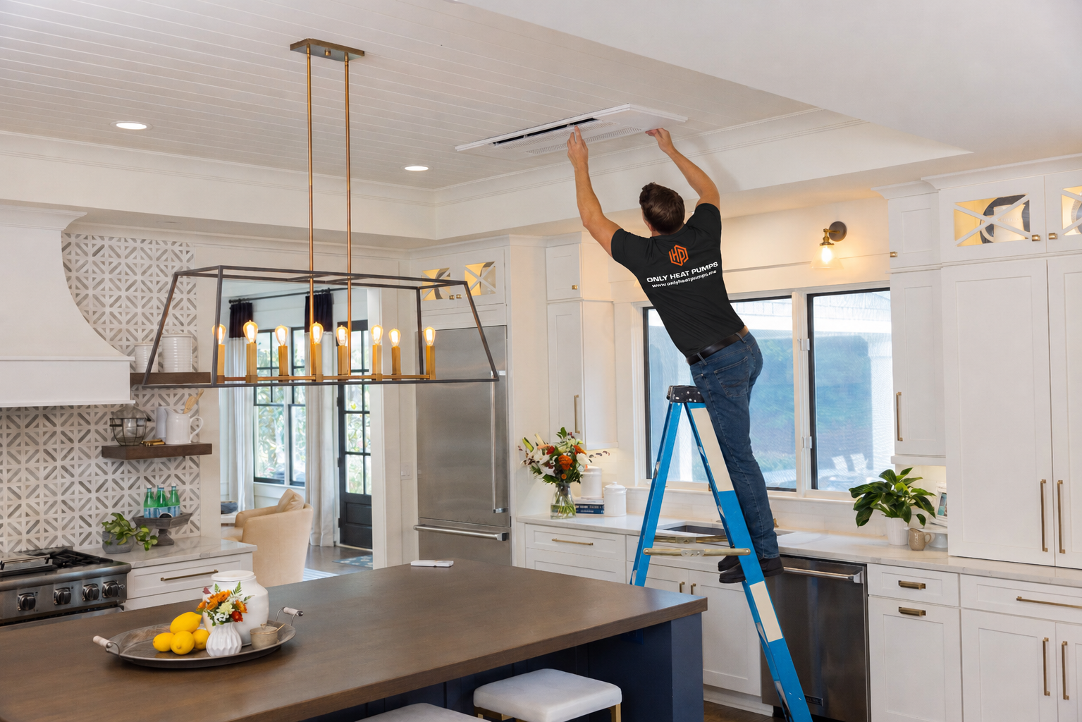 An Only Heat Pumps technician installing a ceiling cassette heat pump in a Southern Maine home to improve year-round comfort and energy efficiency.