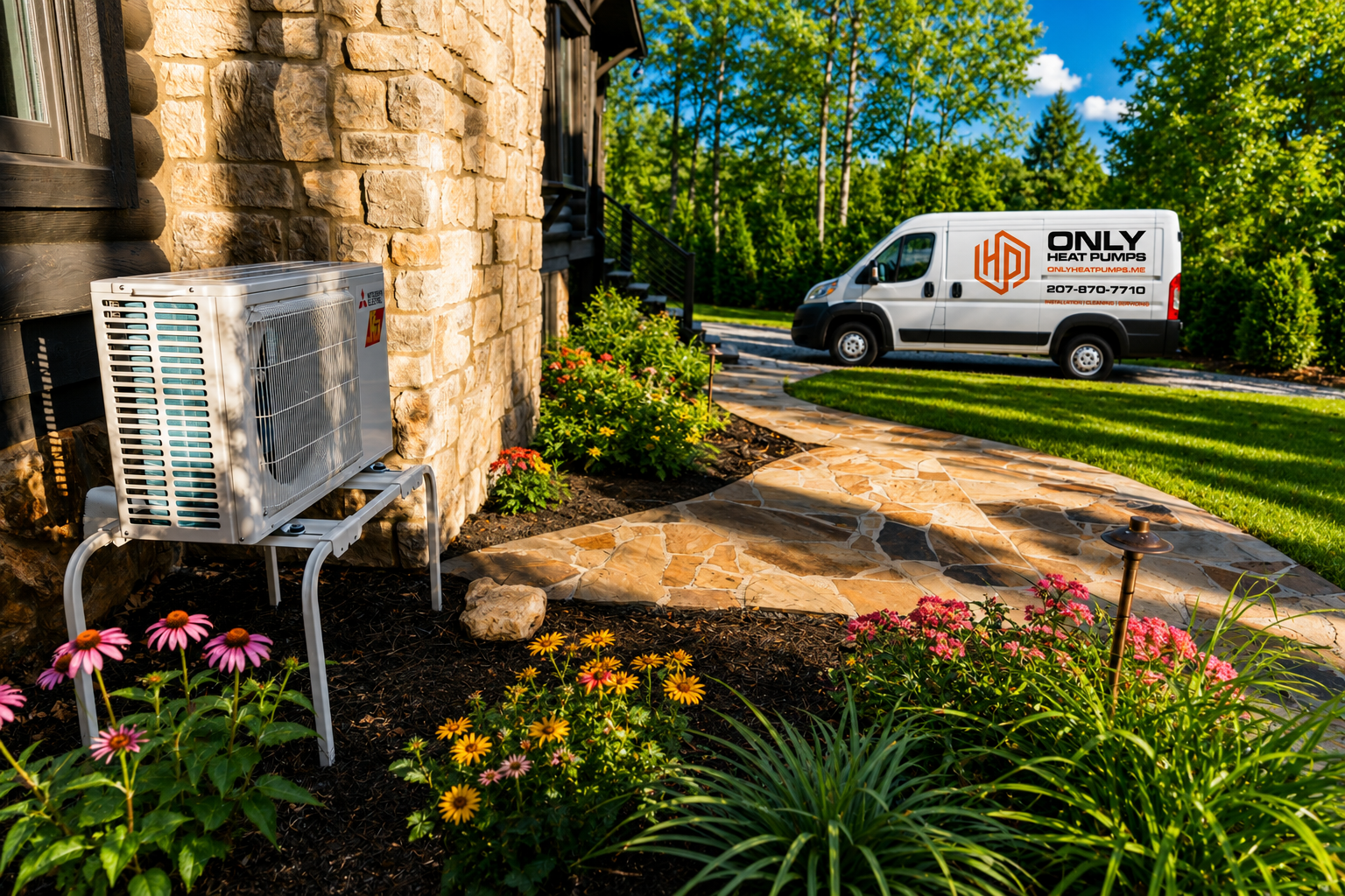 Residential Mitsubishi heat pump installed outside a Southern Maine home with an Only Heat Pumps service van parked in the driveway, showcasing energy-efficient home cooling.
