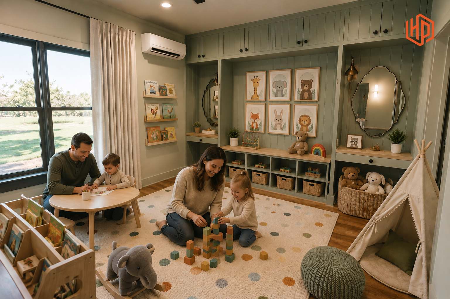 Family enjoying a cool, comfortable home with a wall-mounted ductless heat pump during summer in Southern Maine, demonstrating indoor comfort and humidity control.
