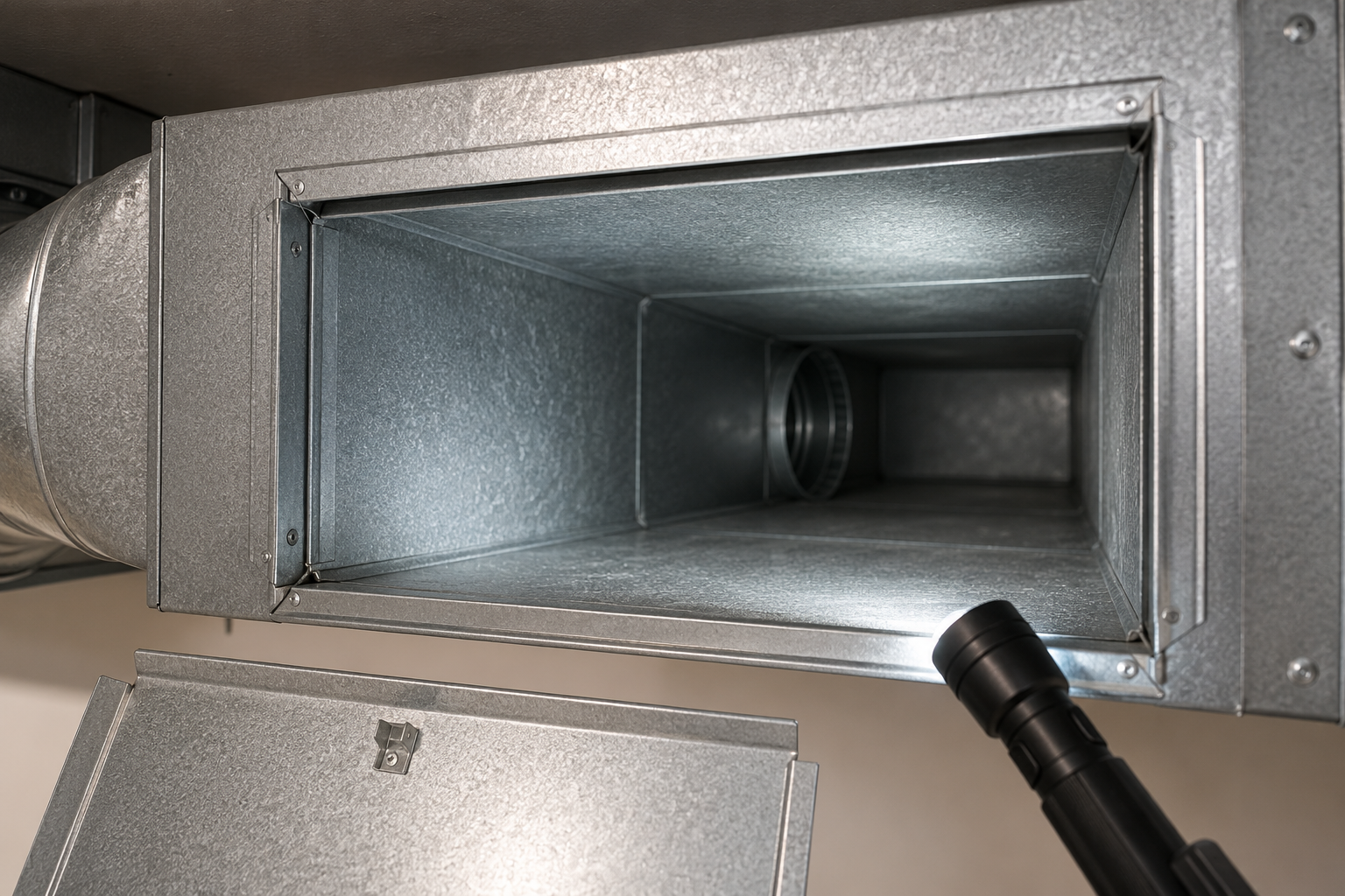 HVAC ductwork inspection showing the interior of a residential air duct system to evaluate cleanliness, airflow, and overall system condition in Portland, Maine.