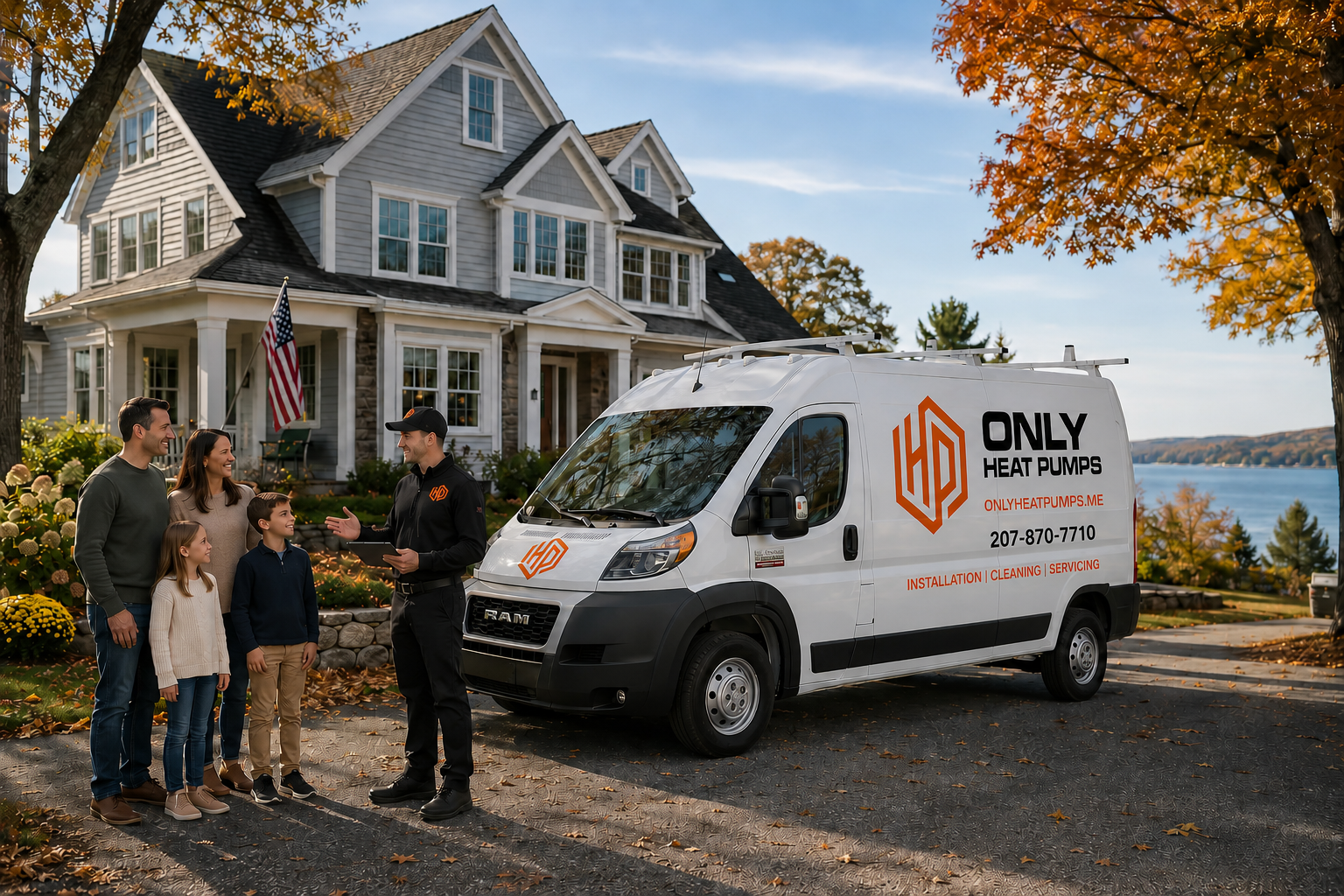 Only Heat Pumps technician meeting with a Southern Maine family outside their home before a professional heat pump installation consultation.