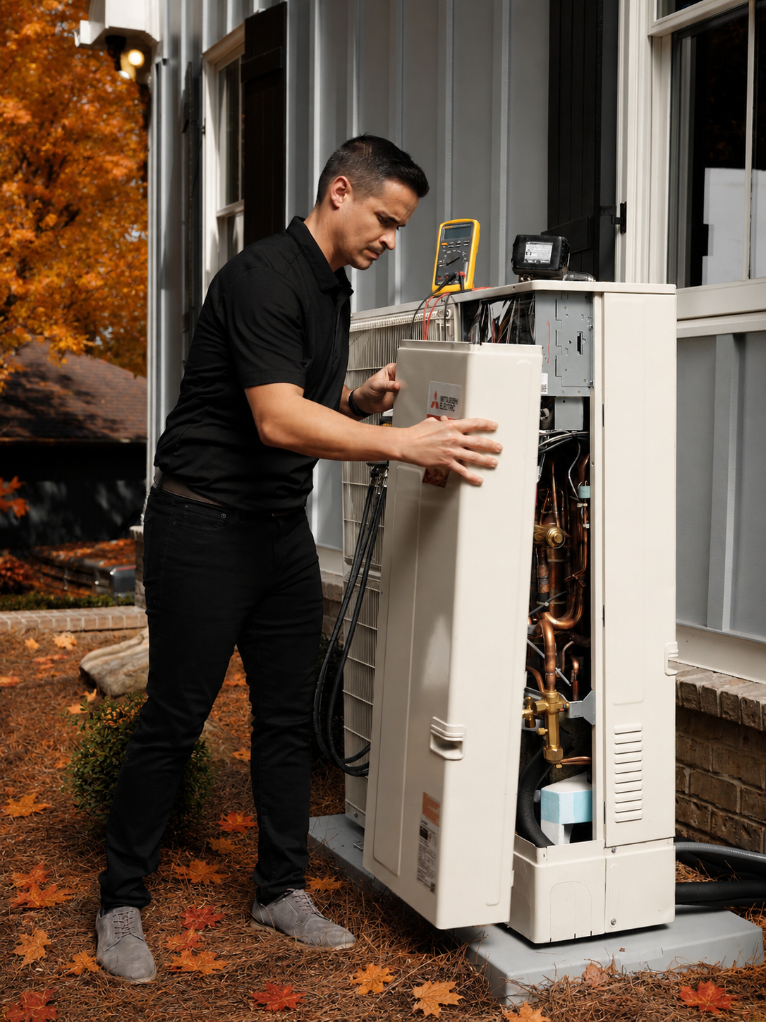 Technician performing preventative maintenance on an outdoor heat pump before the fall heating season in Maine.