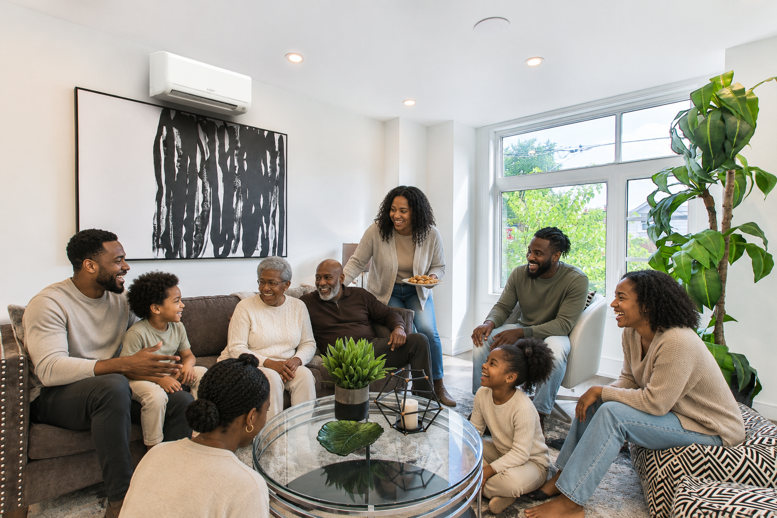 Family enjoying a cool and comfortable home with a Mitsubishi Electric mini split heat pump during summer in Southern Maine.