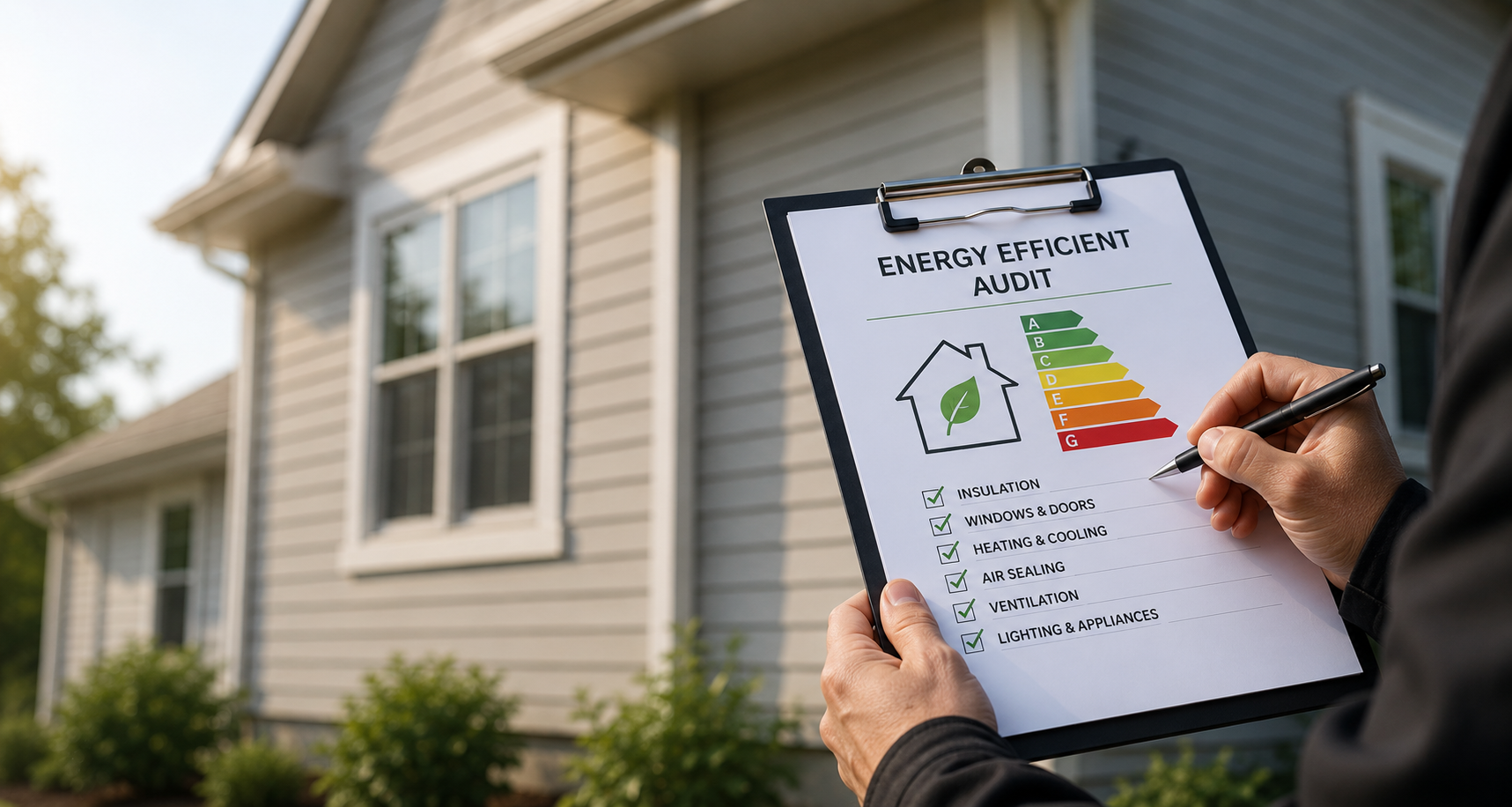 Technician performing a residential energy efficiency audit at a home in Portland, Maine to identify insulation, air sealing, and HVAC energy-saving opportunities.