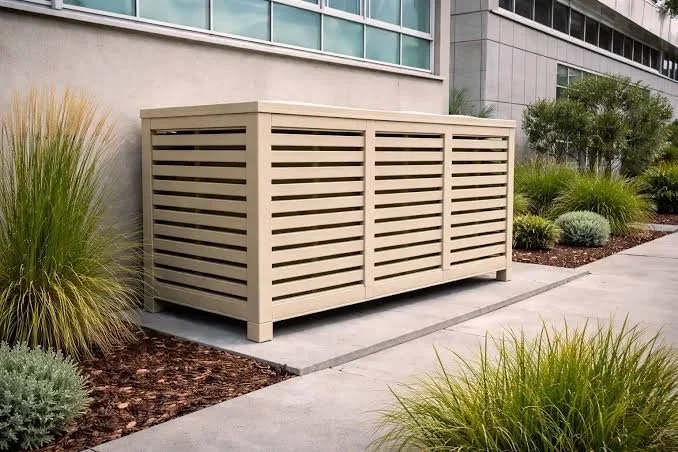 Decorative wooden heat pump enclosure installed around an outdoor mini split condenser to improve appearance while maintaining proper airflow at a Southern Maine home.