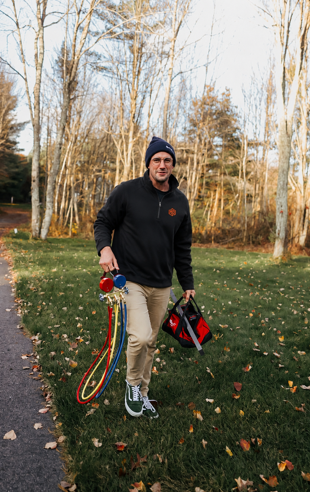 Only Heat Pumps technician arriving for a fall heat pump service call in Maine.