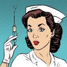 Vintage comic-style illustration of a nurse holding a syringe.