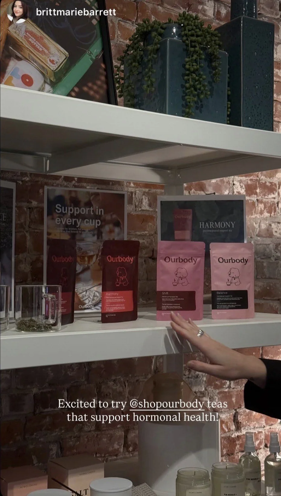 Display of herbal tea products called 'Ourbody' on a white shelf against a brick wall, with a hand reaching toward the products and the caption "Excited to try @shopourbody teas that support hormonal health!" under the shelf.