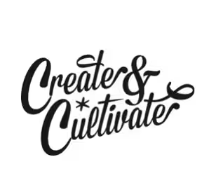 Handwritten-style text saying 'Create & Cultivate' in black on a white background.