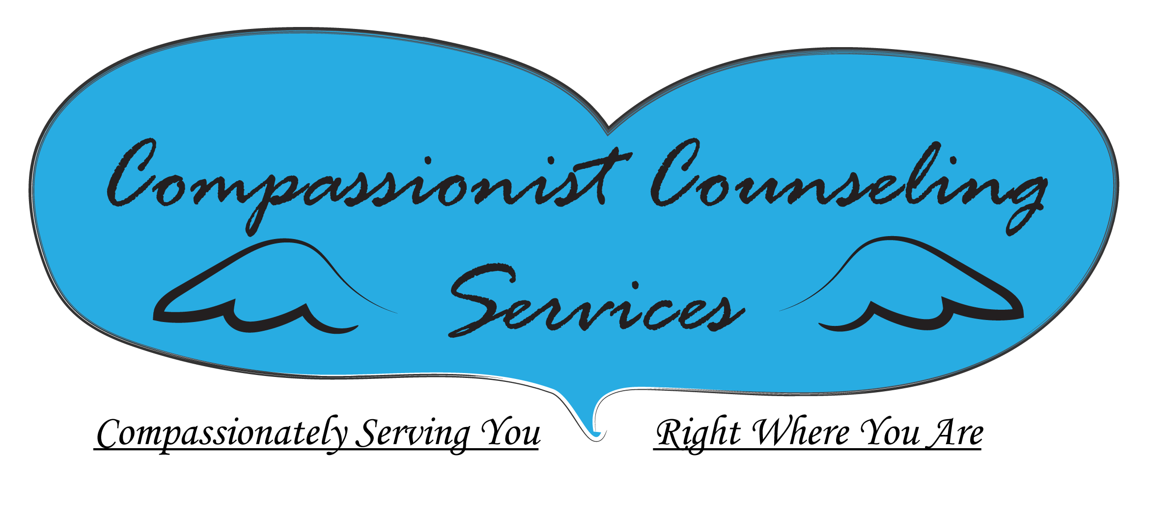 Logo with a blue speech bubble containing cursive text 'Compassionist Counseling Services' and simple wing designs.