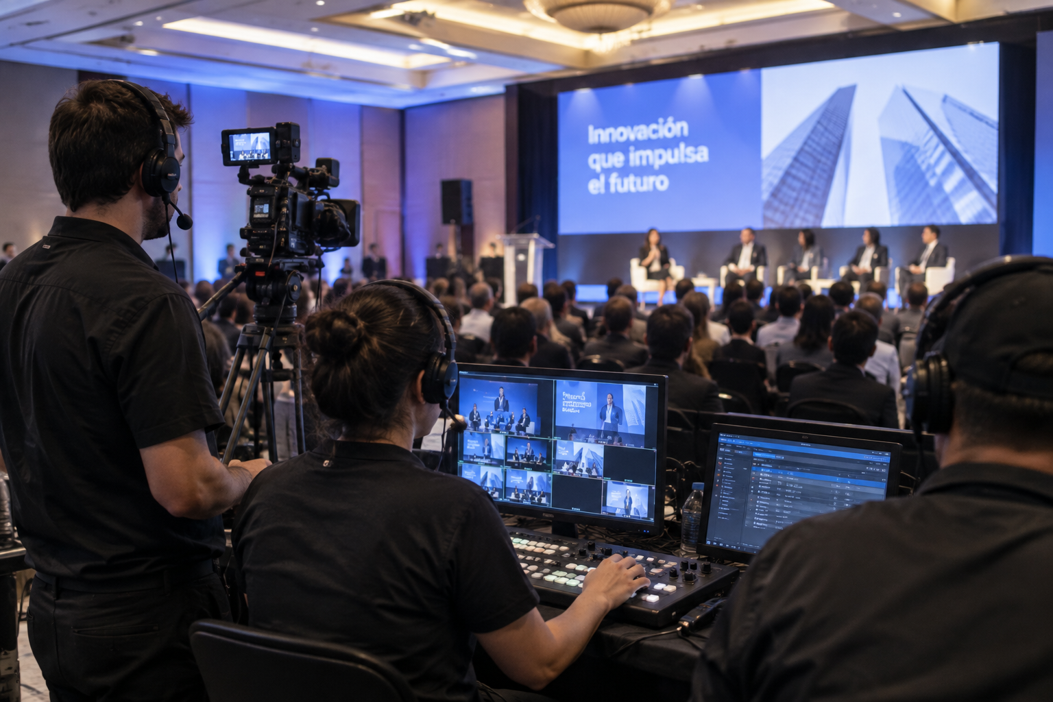 Equipo de producción trabajando en evento corporativo