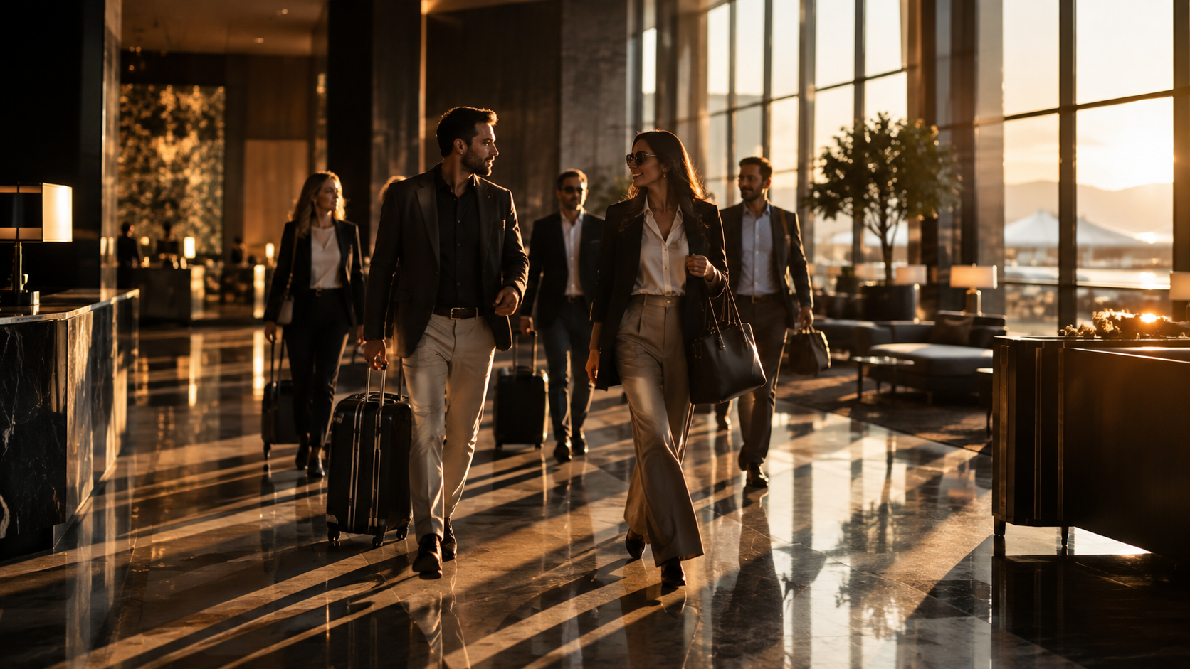 Equipo de ejecutivos en viaje de negocios caminando por lobby de hotel