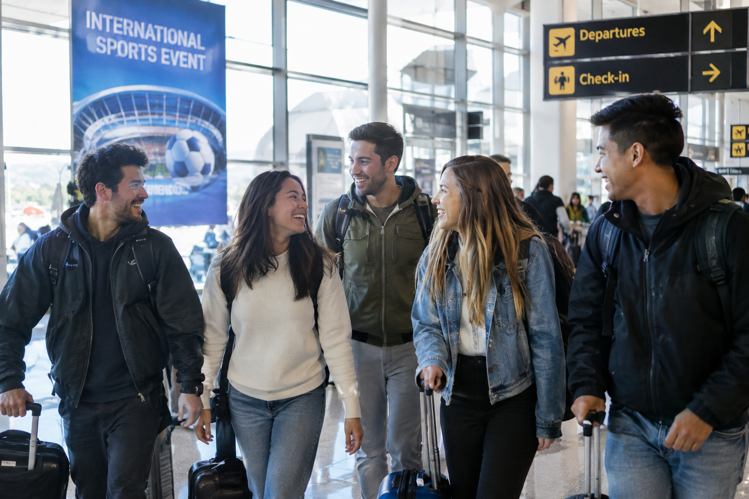 Grupo viajando a evento deportivo internacional