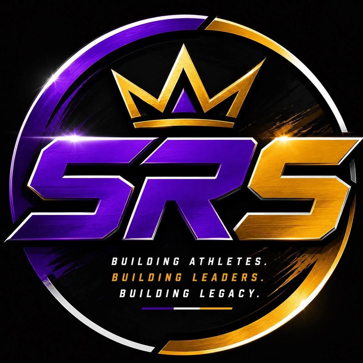 Logo with the text 'SR5' in purple and gold colors, a gold crown above the text, and the phrases 'Building Athletes. Building Leaders. Building Legacy.' underneath, on a black background with glowing effects.