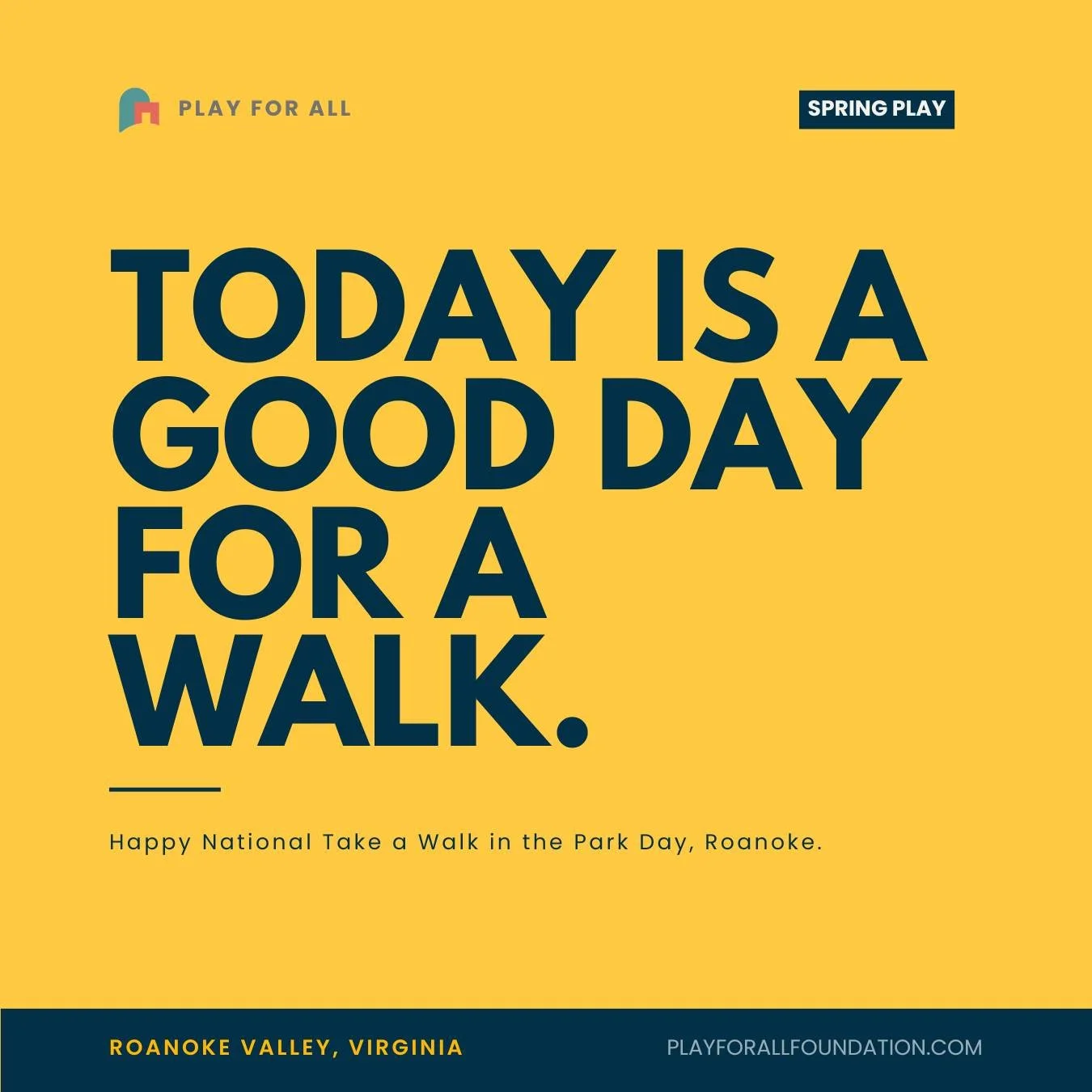 A walk is free. No equipment, no membership, no skill level required. Just you and a park.
That's the kind of play we're here for.
Happy National Take a Walk in the Park Day, Roanoke.

#PlayForAll #RoanokeValley #TakeAWalkInTheParkDay