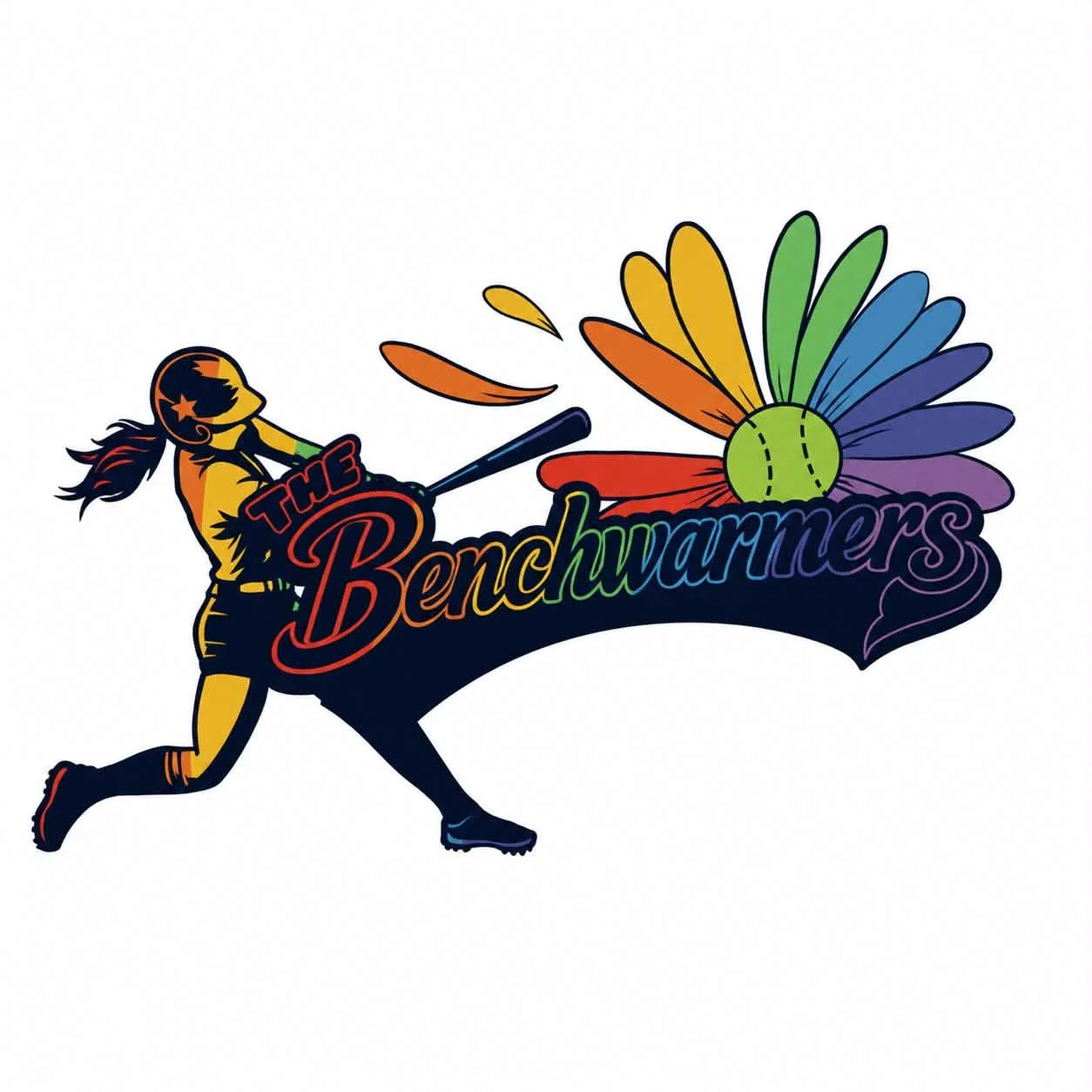Illustration of a female softball player in a helmet and uniform swinging a bat, with a large, colorful flower and the text 'The Benchwarmers' in stylized, rainbow-colored letters.