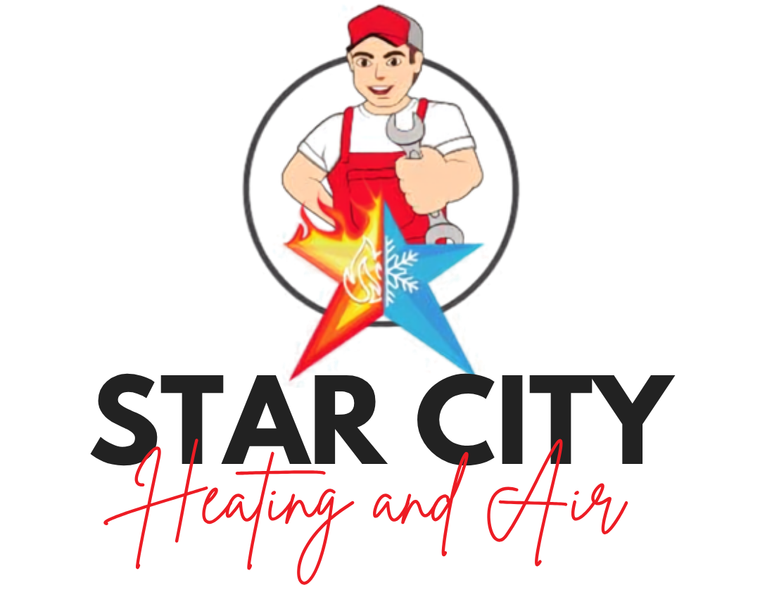 Logo with a cartoon handyman holding a wrench, surrounded by a flame and snowflake, above text 'Star City' in black and red.