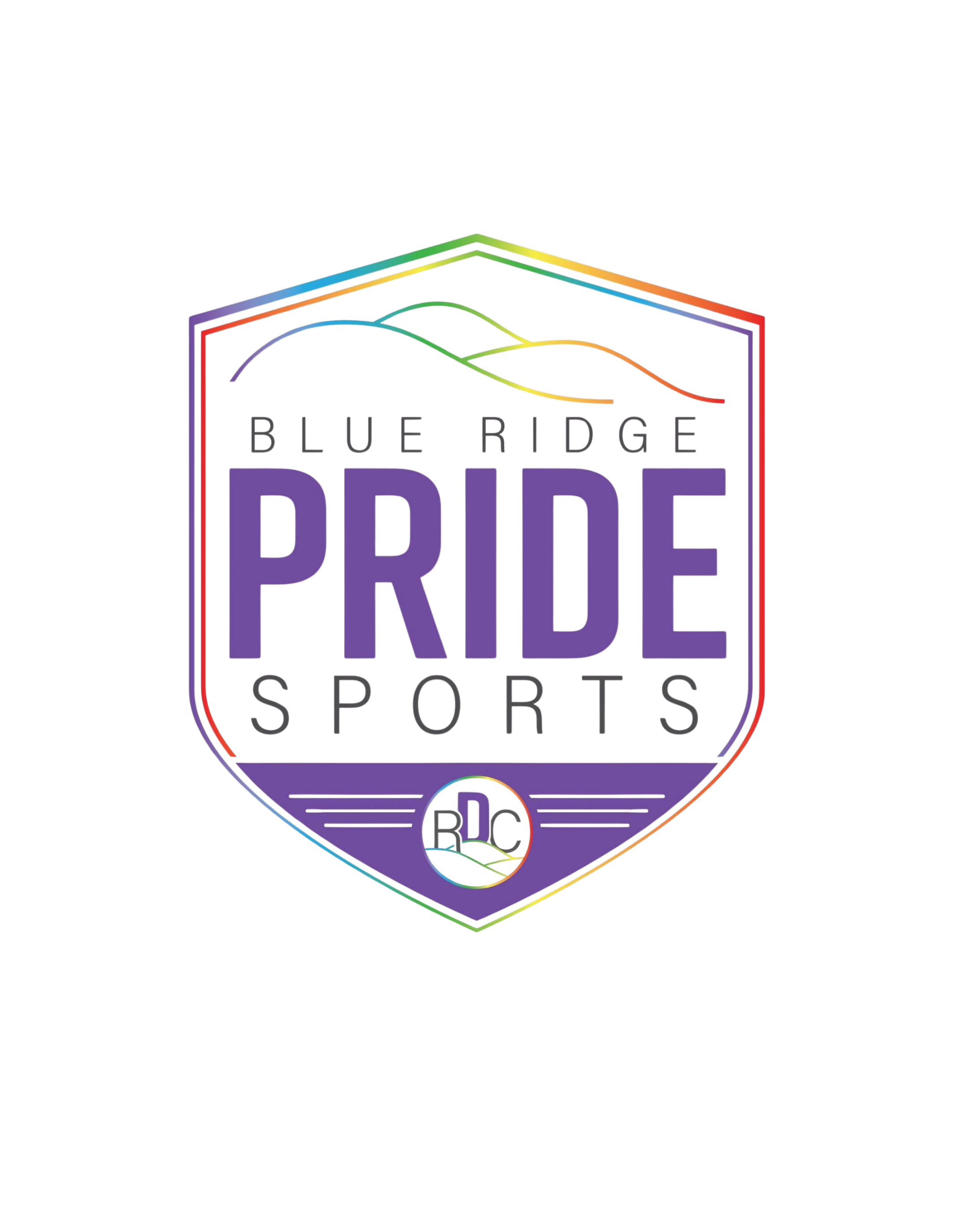 Logo for Blue Ridge Pride Sports with mountain outline in rainbow colors and purple text.